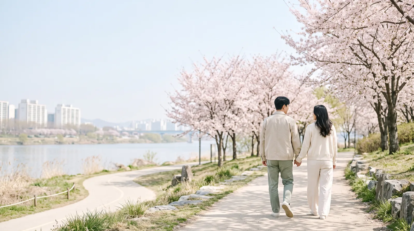 벚꽃 핀 강변 공원을 손잡고 걷는 두 사람
