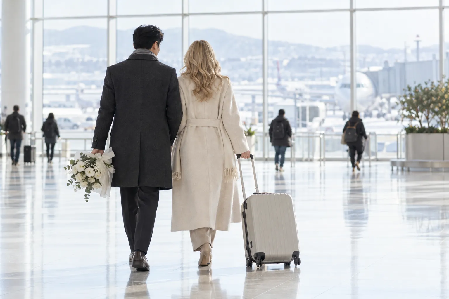 겨울 공항 도착장을 함께 걷는 두 사람