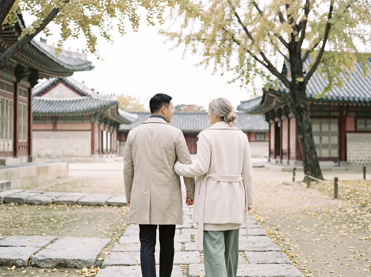 가을 고궁 마당을 함께 걷는 두 사람