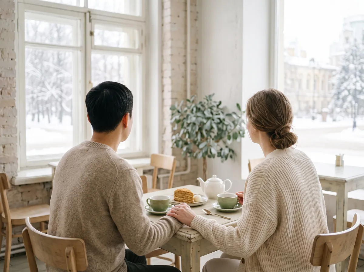 눈 오는 날 카페에 나란히 앉은 두 사람