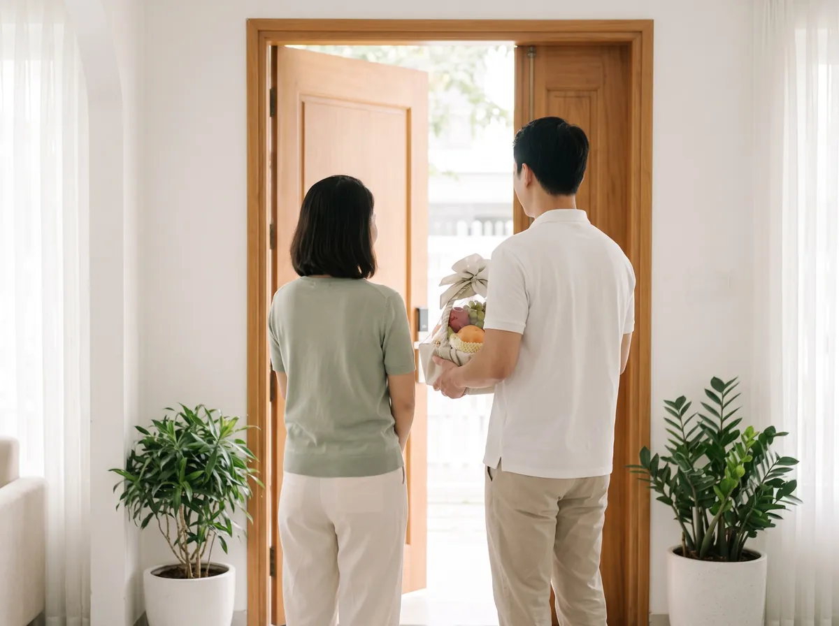 과일 바구니를 들고 신부님 댁 문 앞에 선 두 사람